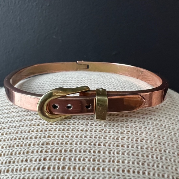 Vintage Copper & Brass Belt Buckle Bracelet Adjustable Hinged Signed Mexico 70s - Picture 1 of 7